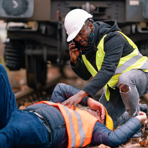 Rail worker tending to an injured worker